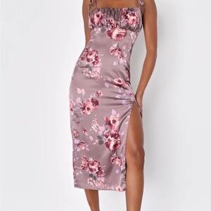 Lulu's Mauve Floral Satin Tie-Strap Midi Dress with Side Slit Size S